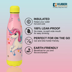 Kuber Industries 500 ml Water Bottle with 2 Lids | Unicorn Rainbow | Stainless Steel Bottle for Travel-Gym & Sports | BPA-Free Insulated Sipper Bottle for Adults & Kids with Straw | Pink | Pack of 5