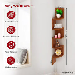 Kuber Industries Durable & Sturday Wooden 5 Tier Zig Zag Corner Wall Mount Wooden Wall Shelf for Bedroom & Living Room | Furniture Wall Rack Shelf for Decor | Walnut