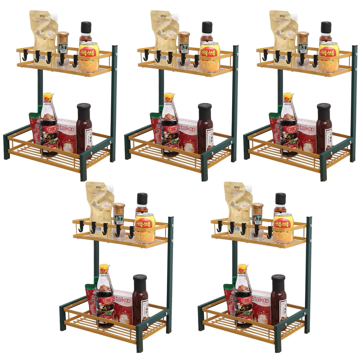 Kuber Industries 2-Layer Dish Drying Rack|Storage Rack for Kitchen Counter|Drainboard & Cutting Board Holder|Premium Utensils Basket Pack of 5 (Green & Gold)