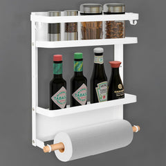Kuber Industries 2 Tier Iron Fridge Side Rack with Single Wooden Towel/Tissue Holder Magnetic Kitchen Organizer Shelf for Refrigerator | White