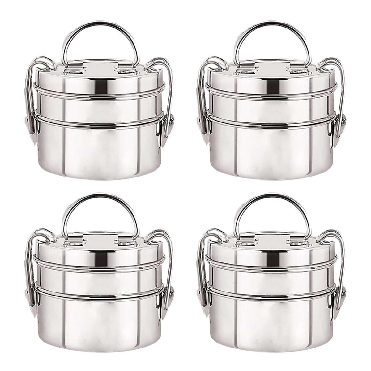 Kuber Industries Clipper Stainless Steel Tiffin Box | Lunch Box with Locking Clip I Silver | Set of 2 Box | Everyday use Home Office Steel Lunch Box (2 Container, 1000ml) (Pack of 4)