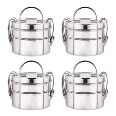 Kuber Industries Clipper Stainless Steel Tiffin Box | Lunch Box with Locking Clip I Silver | Set of 2 Box | Everyday use Home Office Steel Lunch Box (2 Container, 1000ml) (Pack of 4)