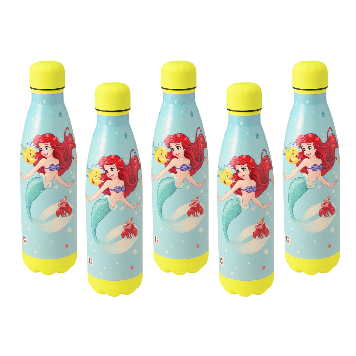 Kuber Industries 500 ml Water Bottle with 2 Lids | Disney Mermaid | Stainless Steel Bottle for Travel & Sports | BPA-Free Insulated Sipper Bottle for Adults & Kids with Straw | Sky Blue | Pack of 5