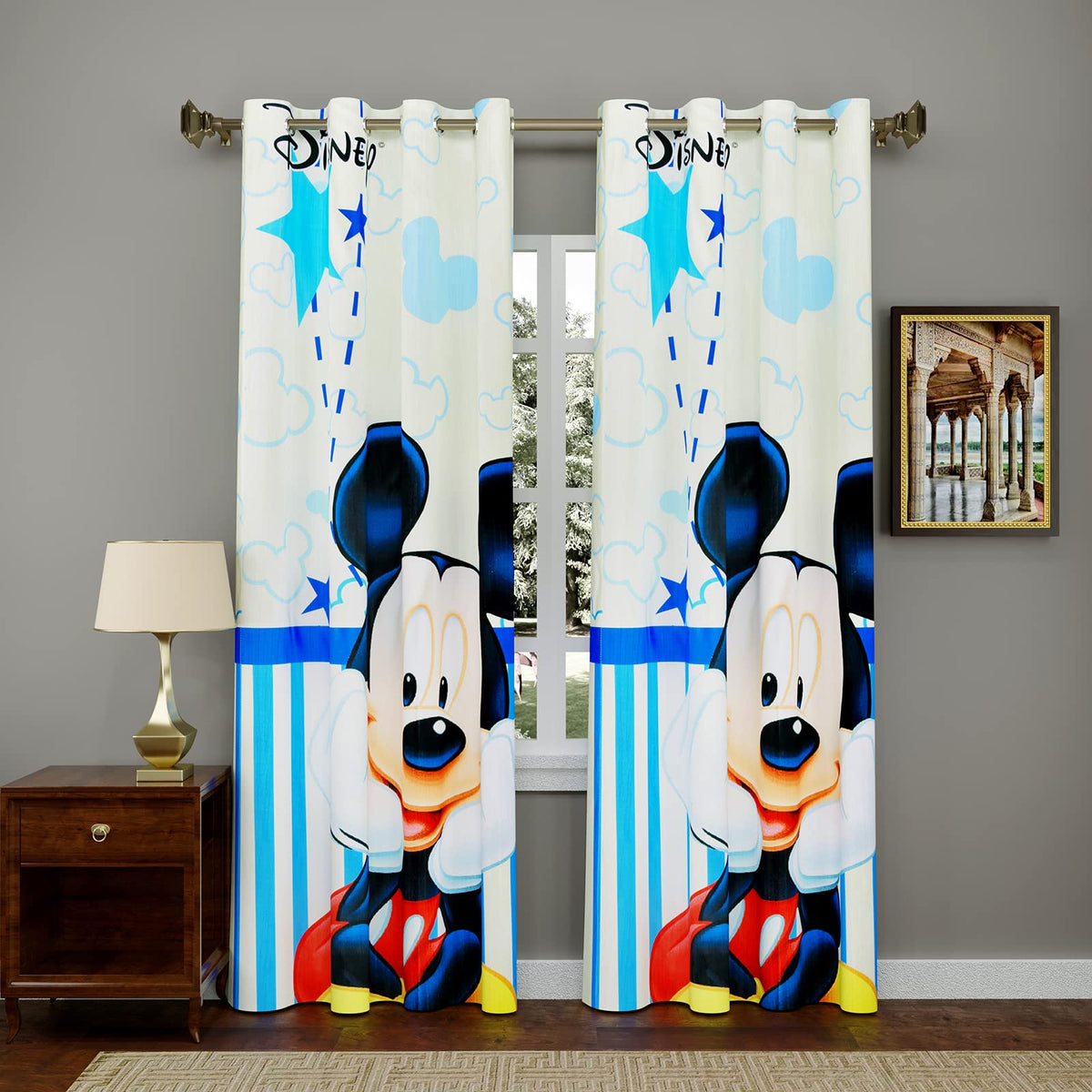 Kuber Industries Disney Mickey Printed 7 Feet Door Curtain for Living Room, Bed Room, Kids Room with 8 Eyelet- Pack of 2 (Cream)-HS43KUBMART25603, Standard