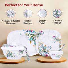 Kuber Industries 31 Pieces Square Unbreakable Microwave & Dishwasher Safe Melamine Dinnerware Kitchen Crockery Set | Glossy Dinner Sets & Kitchen Set for Home | Green Floral - White