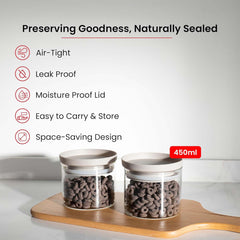 Kuber Industries Set of 2 Borosilicate Galss 450ml Food Storage Jar Kitchen Containers Set with PP Lid | Multipurpose Dal & Pulses Storage Canisters Box for Kitchen Organizers | Transparent