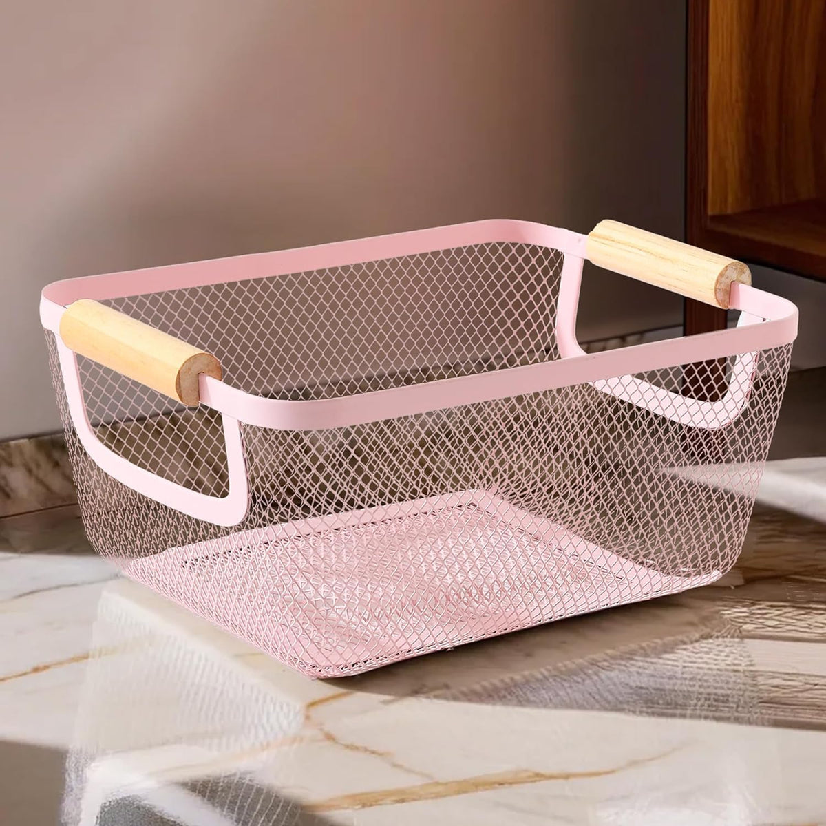 Urbane Home Metal Mesh Basket for storage with wooden handle | 360 gm | Fruit basket for kitchen | Kitchen Organizer | Baskets for organizing home & kitchen | Multipurpose | Pink