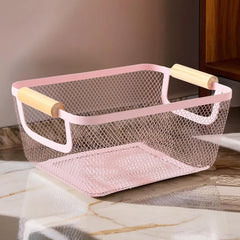 Urbane Home Metal Mesh Basket for storage with wooden handle | 360 gm | Fruit basket for kitchen | Kitchen Organizer | Baskets for organizing home & kitchen | Multipurpose | Pink