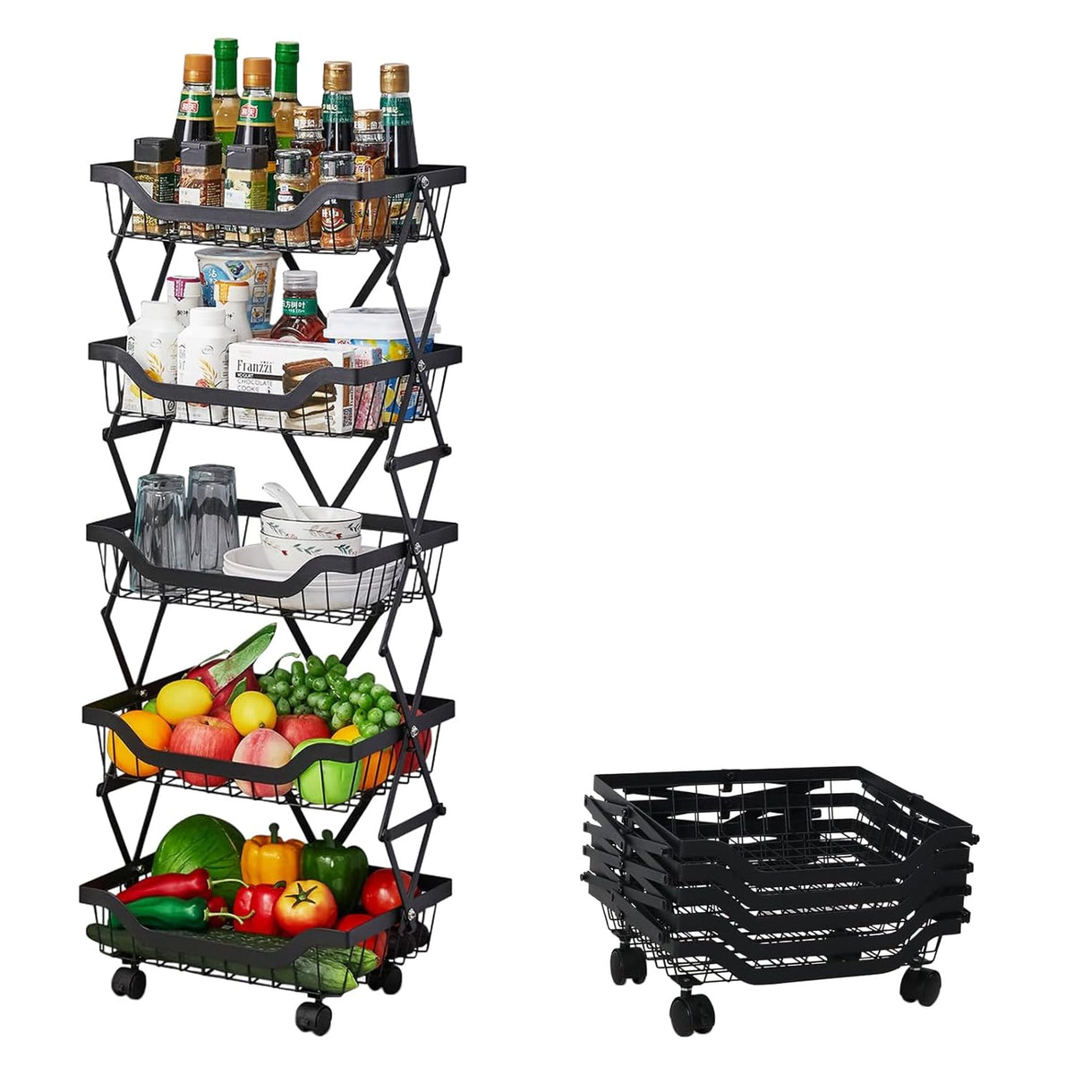 Kuber Industries 5-Layer Collapsible Kitchen Rack|Multipurpose Storage Basket|360-Degree Rotable Kitchen Trolley|Fruit Basket Pack of 2 (Black)