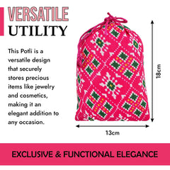 Kuber Industries Potli | Silk Wedding Potli | Drawstring Closure Potli | Wallet Potli | Christmas Gift Potli | Baby Shower Potli | Small-Patola-Print Potli | 5x7 Inch | Pack of 4 | Rani