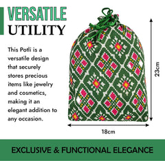 Kuber Industries Potli | Silk Wedding Potli | Drawstring Closure Potli | Wallet Potli | Christmas Gift Potli | Baby Shower Potli | Medium-Patola-Print Potli | 7x9 Inch | Pack of 4 | Green