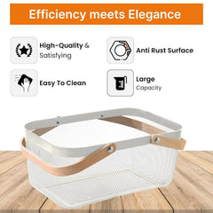 Urbane Home Metal Mesh Basket for Storage with wooden handle| 720gm | Fruit Basket and Vegetable Basket for Kitchen | Kitchen Organizer | Baskets for Organizing Home | White | Multipurpose |