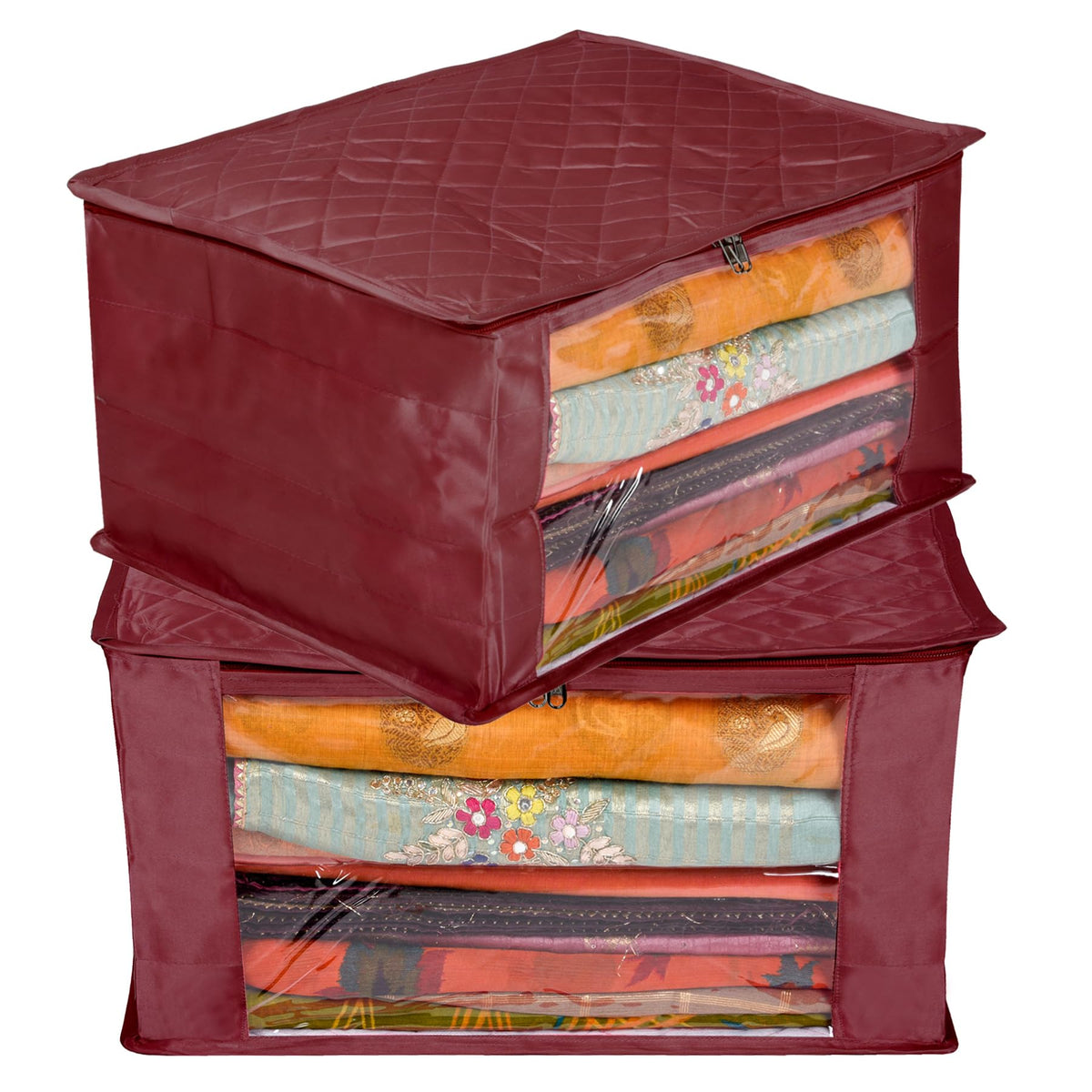 Heart Home Saree Cover | Zip Closure Saree Cover | Clothes Storage Bag | Wardrobe Organiser for Suit | Transparent Window Saree Cover | 9 inch | Pack of 2 | Maroon