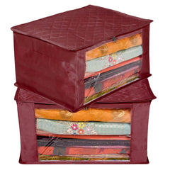 Heart Home Saree Cover | Zip Closure Saree Cover | Clothes Storage Bag | Wardrobe Organiser for Suit | Transparent Window Saree Cover | 9 inch | Pack of 2 | Maroon