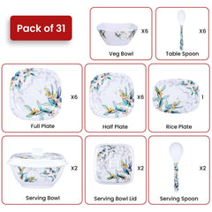 Kuber Industries 31 Pcs Square Unbreakable Microwave & Dishwasher Safe Melamine Dinnerware Kitchen Crockery Set | Glossy Dinner Sets & Kitchen Set for Home | Blue Flower - White