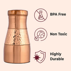 Kuber Industries Water Jug | Bottle with Inbuilt Glass | Vessel for Drinking Water | Bedroom Jar| Bedside Water Bottle | Water Jug | Middle Hammered | 1100 ML | Copper