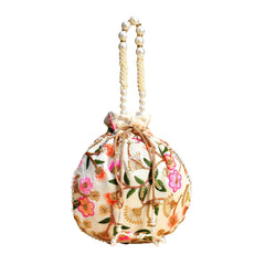 Kuber Industries Potli|Silk Wedding Potli|Christmas Gift Potli|Baby Shower Potli|Traditional Shagun Potli|Drawstring with Beads Handle Potli|New Flower Embroidery Potli|Cream