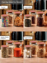 Homestic Borosilicate Glass Jar with Printed Bamboo Lid | Multi-utility | Leakproof | Airtight Jar for Cookies, Snacks, Tea, Coffee, Sugar |Pack of 3 (300ml, 600ml, 1000ml)