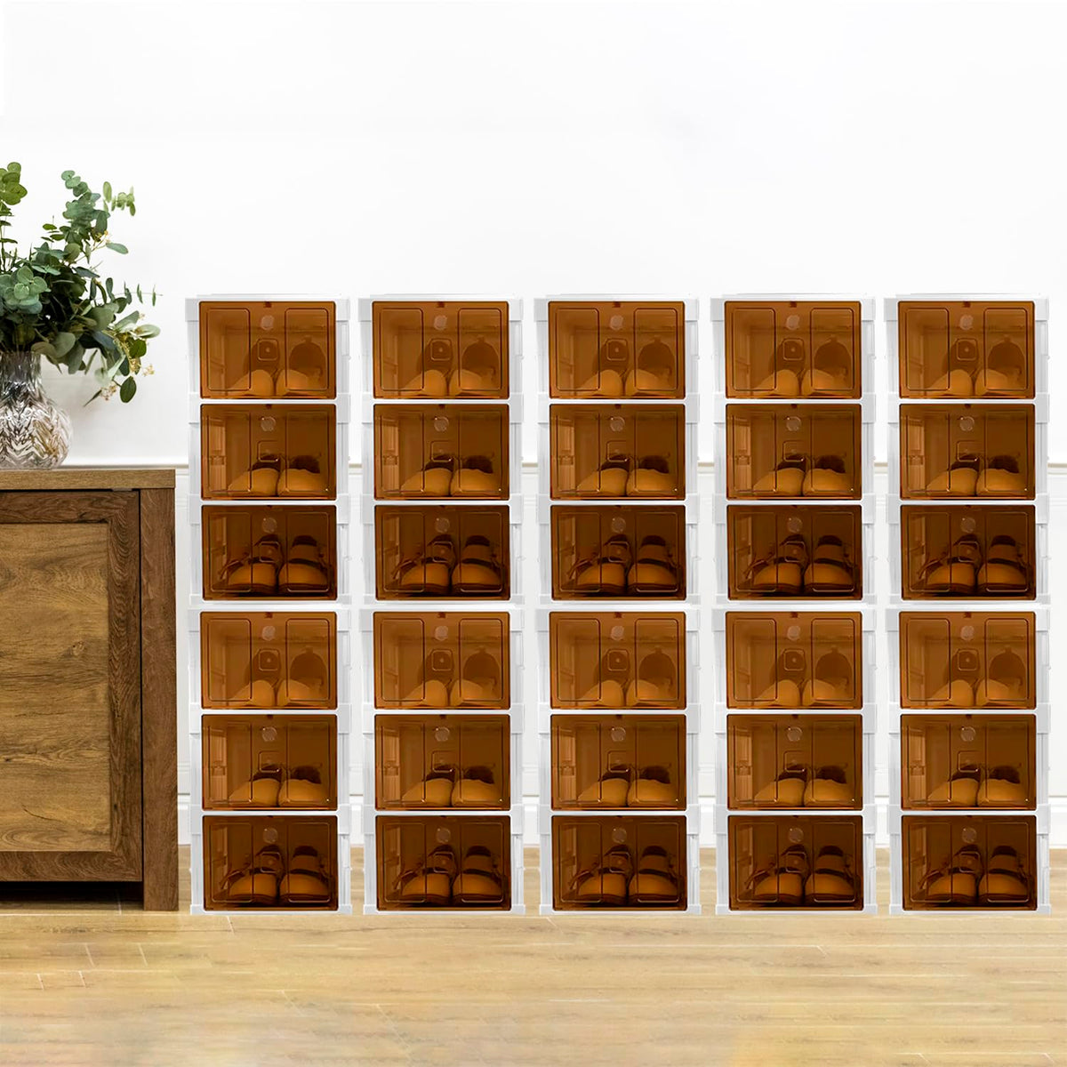 Kuber Industries 3 Layer Shoe Box for Storage|Multi-Purpose Plastic Shoe Rack|Installation Free Shoe Organizer|Pack of 10|White & Brown