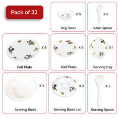 Kuber Industries 32 Pieces Round Melamine Microwave & Dishwasher Safe Dinnerware Kitchen Crockery Set | Glossy Dinner Sets & Kitchen Set for Home | Blueberry Floral - White