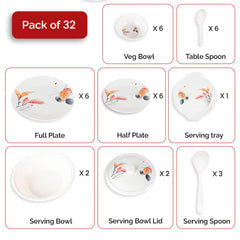 Kuber Industries 32 Pieces Round Melamine Microwave & Dishwasher Safe Dinnerware Kitchen Crockery Set | Glossy Dinner Sets & Kitchen Set for Home | Stylon Vector Floral - White