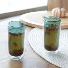 Kuber Industries 2 Pcs Double Walled Borosilicate Glass | High Thermal Resistance | Microwave & Dishwasher Safe | 240 ML | Pack of 1 | Green
