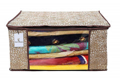 Kuber Industries Metalic Printed 2 Piece Non Woven Fabric Saree Cover Set with Transparent Window, Extra Large, Ivory Red & Golden Brown -CTKTC40771