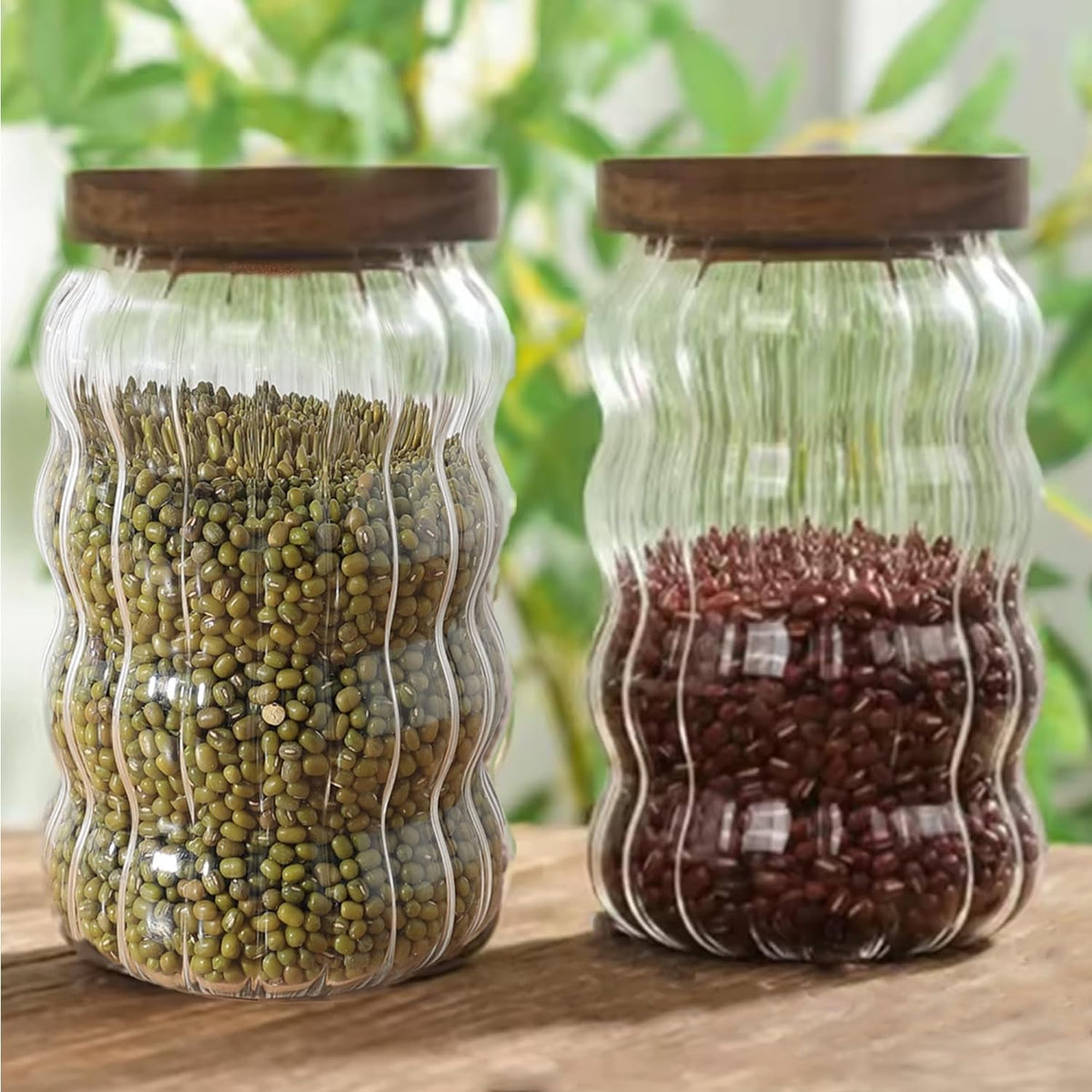 Urbane Home Borosilicate Glass Jar with Acacia Lid | Kitchen Organizer Items & Storage | Multi-utility, Leakproof, Airtight Storage Jar for Cookies, Snacks, Tea, Coffee, Sugar | Set of 2 (750ml)