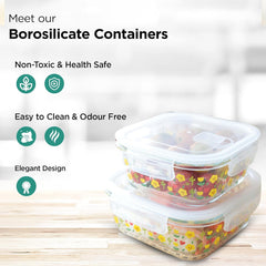 Kuber Industries Borosilicate Printed Container With Lid (Square) | JDA052-MUL | Transparent | Pack Of 2