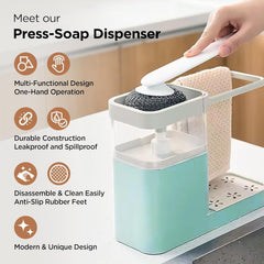 Heart Home 3-in-1 Soap Dispenser (800ml) with Sponge Holder & Towel Rack | Multifunctional Kitchen Accessories Items for Home | Non-Fragile | Blue