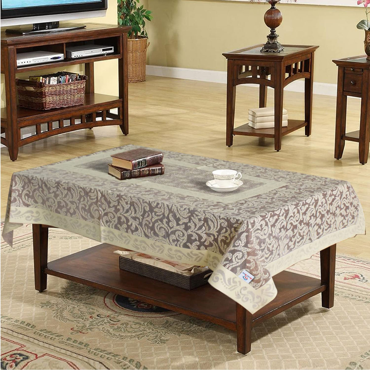 Heart Home Leaf Design Cotton 4 Seater Center Table Cover 60"x40" (Maroon)