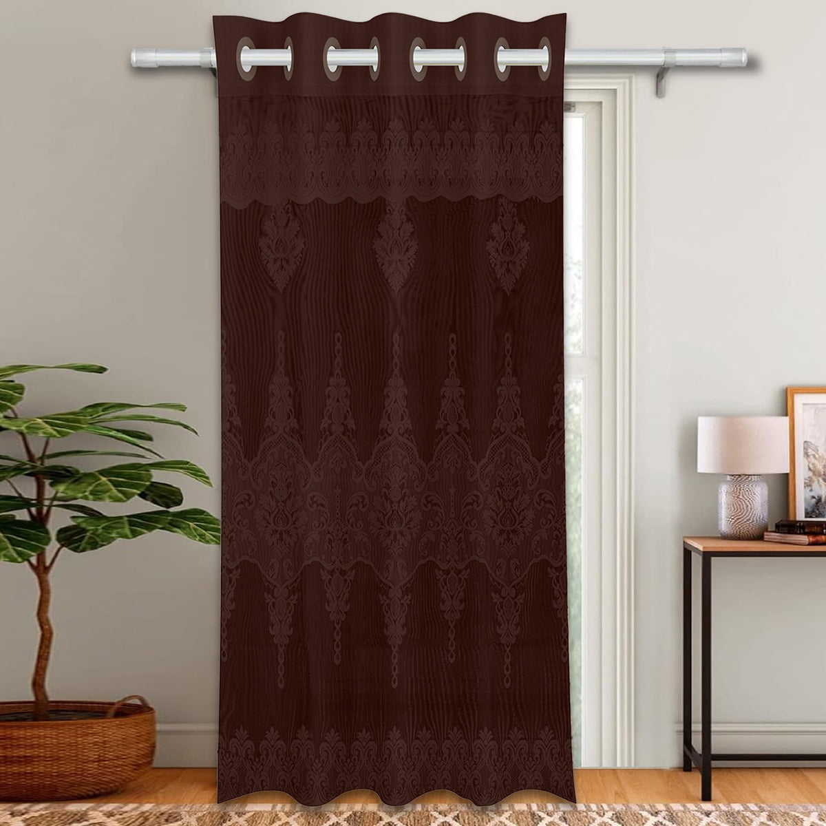 Heart Home Door Curtain|Darkening Door Curtains|Premium Drapes for Bedroom|Sheer Curtain with 8 Rings|Parda for Living Room|Net Frill Door Curtain|7 Ft|SY15ZZ|Brown