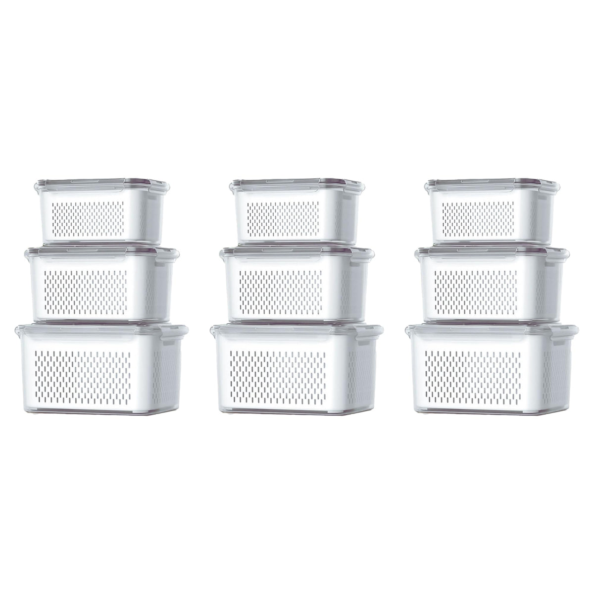 Kuber Industries 9 Pcs Food Containers | Storage Box for Fridge | Vegetable Fruit Boxes | Refrigerator Storage Box | Containers With Lid | Handheld Strainer Basket | HXP00740 | Transparent |Pack of 3