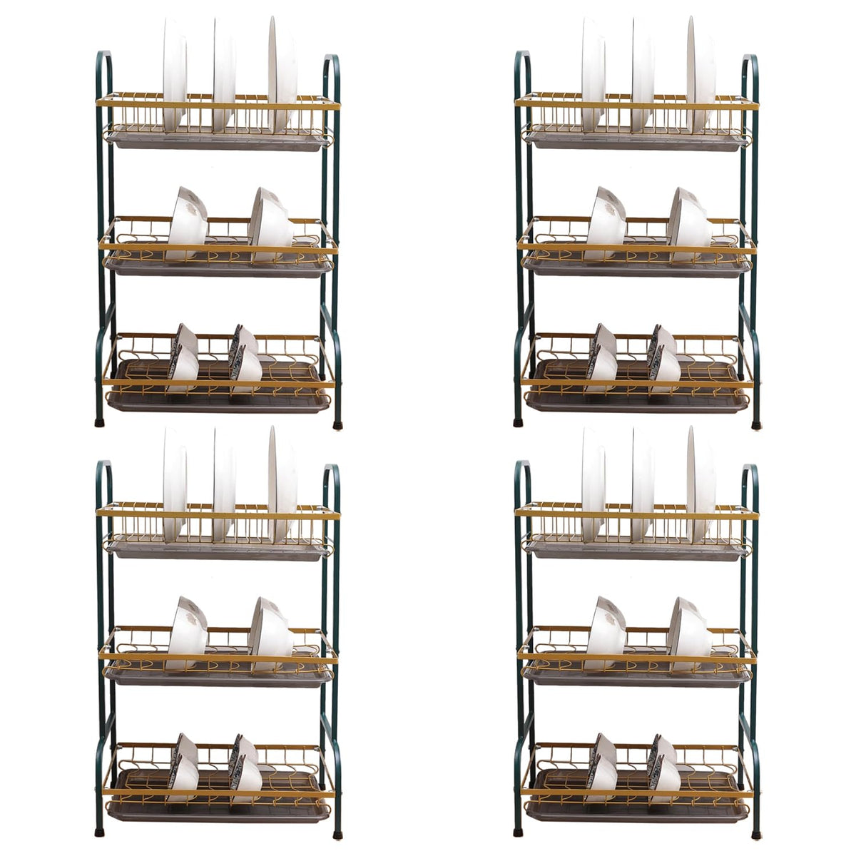 Kuber Industries 3-Layer Dish Drying Rack|Storage Rack for Kitchen Counter|Drainboard & Cutting Board Holder|Premium Utensils Basket Pack of 4 (Dark Green & Gold)