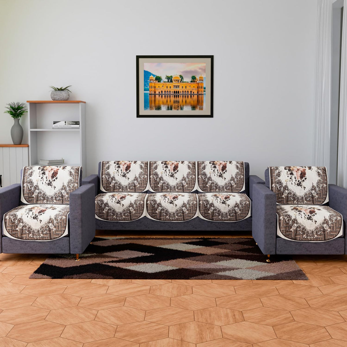 Heart Home Sofa Cover Set | Sofa Slip Cover Set | Check Border Sofa Cover | Velvet 5 Seater Couch Cover | Sofa Slipcover Set | Sofa Cover for Living Room | Brown