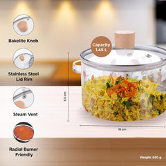 Kuber Industries Borosilicate Glass 1.45L Saucepan with Lid & Handle | Induction Pan Cookware | Handi for Cooking | Microwave Safe | Cooktop for Tea/Milk/Pasta/Noodles/Rice | Transparent-Flower Print