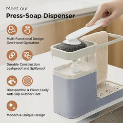 Urbane Home 3-in-1 Soap Dispenser (800ml) with Sponge Holder & Towel Rack | Multifunctional Kitchen Accessories Items for Home | Non-Fragile | Grey