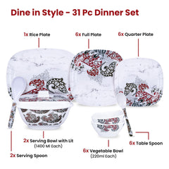 Heart Home 31 Pieces Square Unbreakable Microwave & Dishwasher Safe Melamine Dinnerware Kitchen Crockery Set | Glossy Dinner Sets & Kitchen Set for Home | Keri Floral - White Bowl