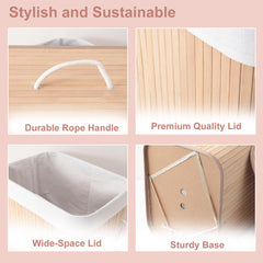 Kuber Industries 72 Ltr Rectangular Bamboo Laundry Basket For Clothes With Lid | Washing Clothes Storage Bag & Laundry Box - Light Brown