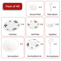 Heart Home 40 Pieces Round Melamine Microwave & Dishwasher Safe Dinnerware Kitchen Crockery Set | Glossy Dinner Sets & Kitchen Set for Home | Deluxe Blueberry Floral - White
