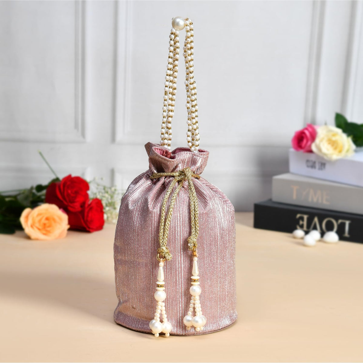 Heart Home Potli | Polyester Wedding Potli | Beads Handle Potli | Wallet Potli for Woman | Christmas Gift Potli | Baby Shower Potli | Metallic Shining Potli | Pink