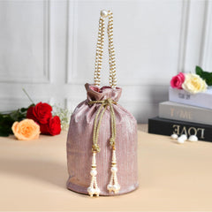 Heart Home Potli | Polyester Wedding Potli | Beads Handle Potli | Wallet Potli for Woman | Christmas Gift Potli | Baby Shower Potli | Metallic Shining Potli | Pink