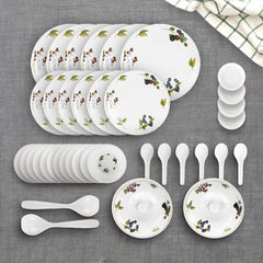 Heart Home 40 Pieces Round Melamine Microwave & Dishwasher Safe Dinnerware Kitchen Crockery Set | Glossy Dinner Sets & Kitchen Set for Home | Deluxe Blueberry Floral - White