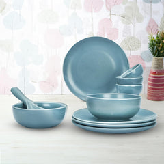 Urbane Home 12 Pcs Ceramic Dinner Set | Dishwasher & Microwave Safe | Crockery Set for Dining & Gifting | 4Pcs Dinner Plates & 2Pcs Serving Bowl & 4Pcs Bowl & 1Pcs Serving Spoon | Blue