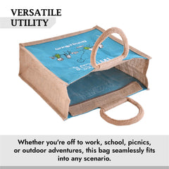Heart Home Grocery Bag | Jute Carry Bag | Lunch Bags for Office | Zipper Grocery Bag with Handle | Vegetable Bag | Blue Happiness Shopping Bag | Medium | Brown