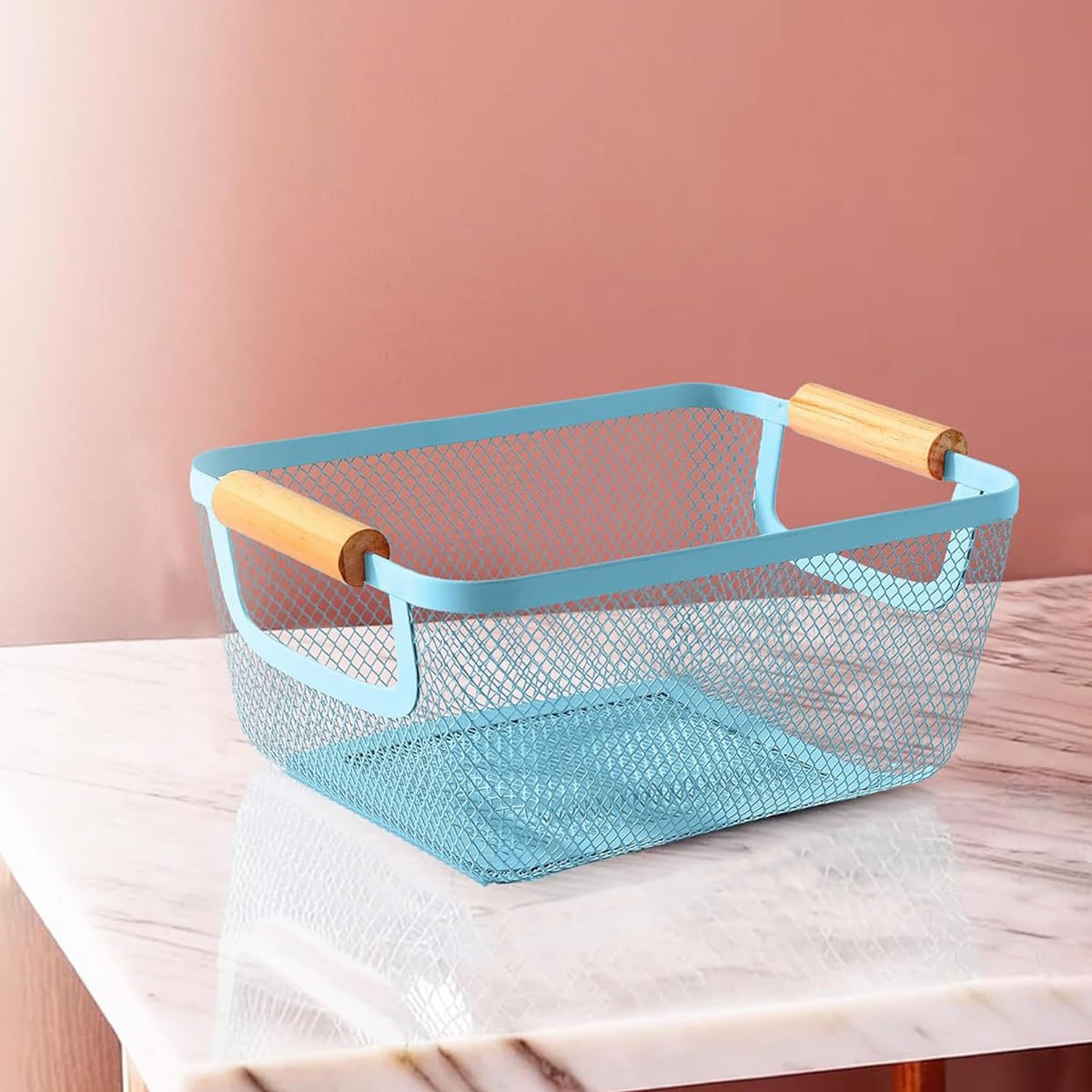 Homestic Metal Mesh Basket for Storage with wooden handle | 360gm | Fruit basket for kitchen | Kitchen organizer | Baskets for organizing home and kitchen | Multipurpose | Blue