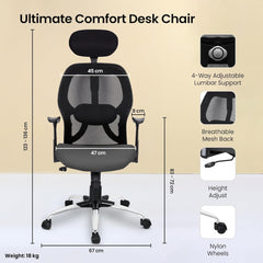 Kuber Industries Ergonomic Office Chairs for Work from Home | Comes with Manual Height Adjustable, Armrest, Headrest & Lumbar Support | Comfy Study Chair for Students with Wheels | Black & Grey Seat