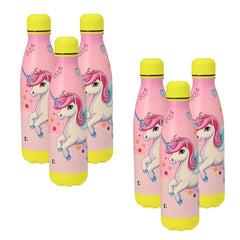 Kuber Industries 500 ml Water Bottle with 2 Lids | Unicorn Rainbow | Stainless Steel Bottle for Travel-Gym & Sports | BPA-Free Insulated Sipper Bottle for Adults & Kids with Straw | Pink | Pack of 6