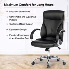 Kuber Industries Ergonomic Leather Office Chairs for Work From Home | Comes with Manual Height Adjustable, Armrest, Headrest & Lumbar Support | Comfy Study Chair for Students with Wheels | Black