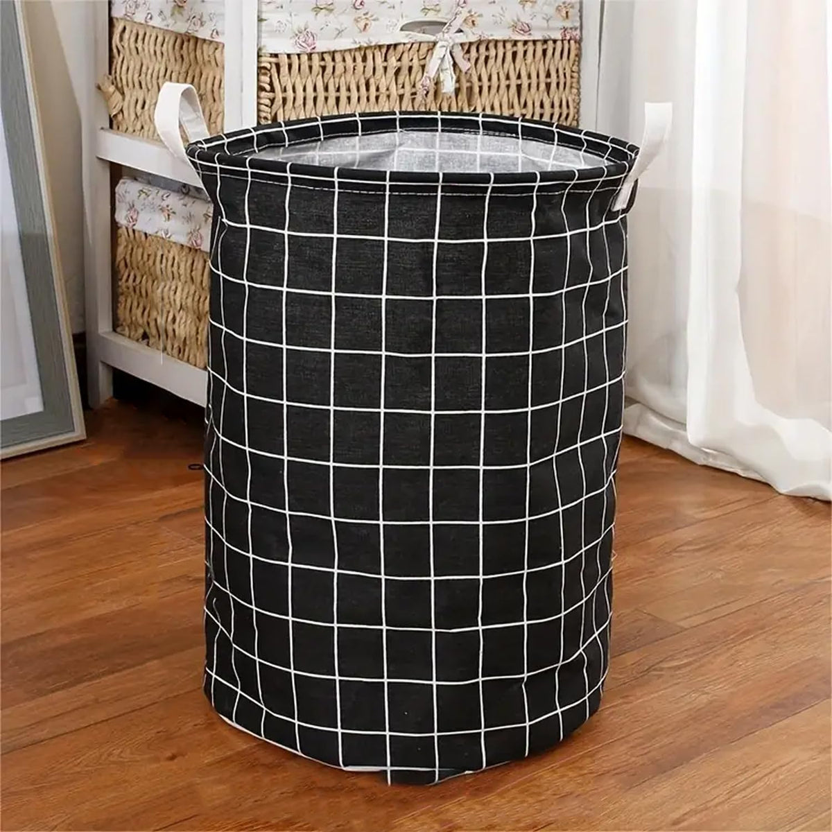 Kuber Industries Foldable Storage Basket|Round Toy Storage Bin|Side Grab Handle|Wardrobe, Closet Organizer (Black) (Pack Of 3)